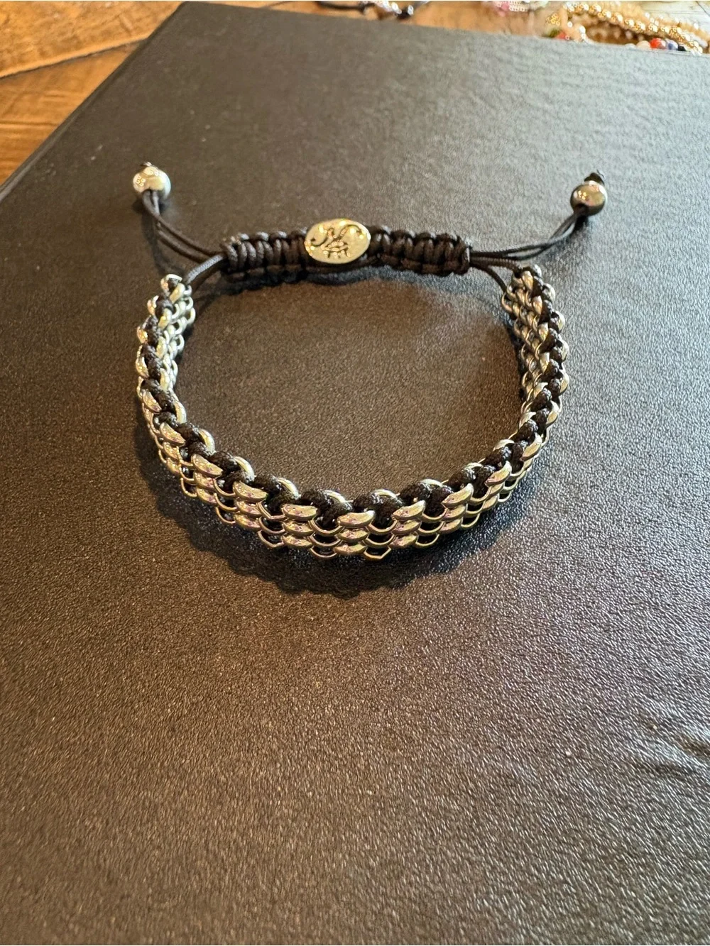 Braided Silver-Tone Chain Bracelet with Black Cord - Picture 1 of 3